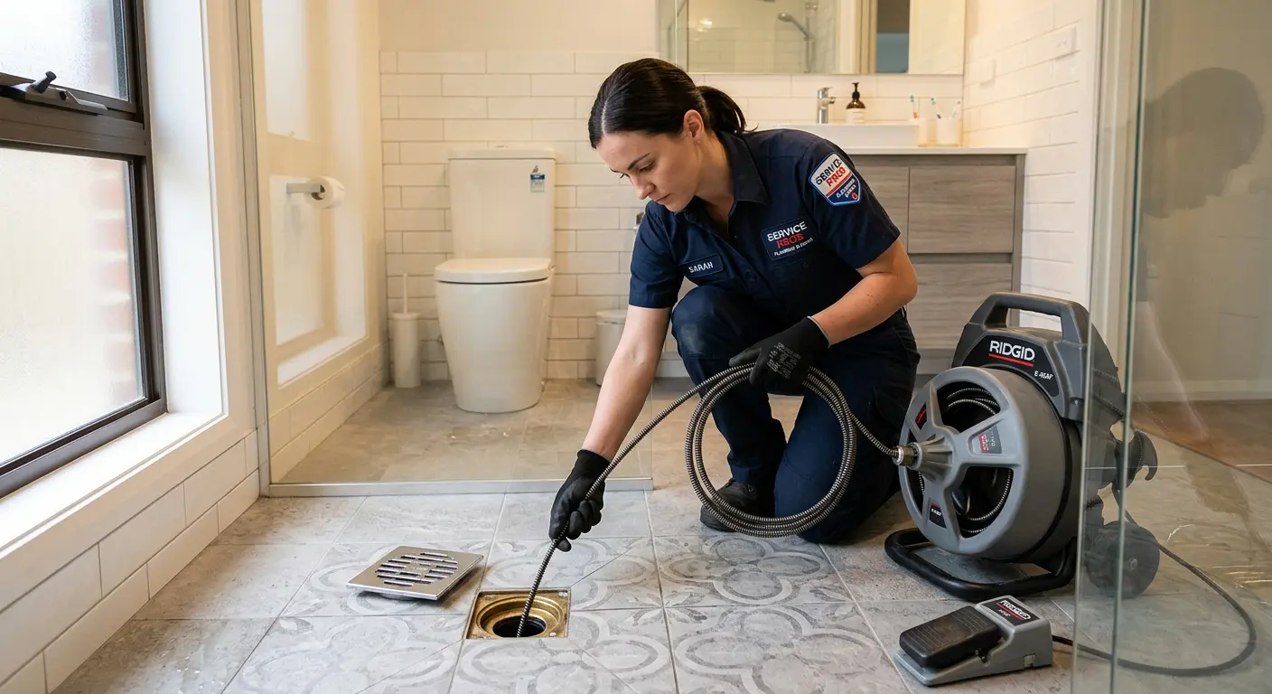 Technician clearing a bathroom floor drain for Drain Cleaning in Griffin